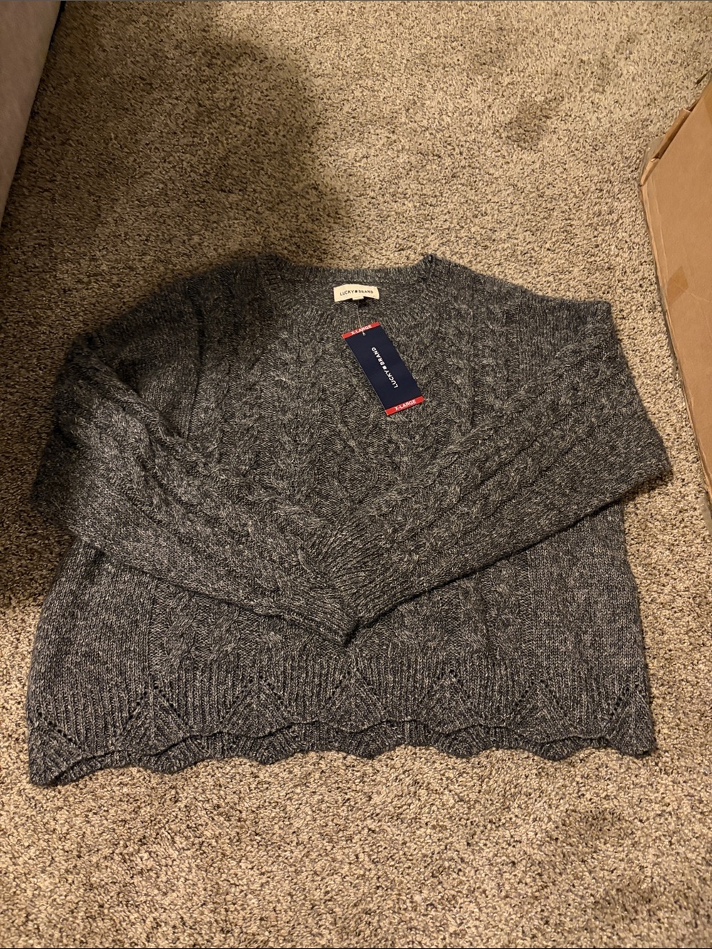 Lucky Brand Charcoal Gray Crew Neck Cable Knit Sweater